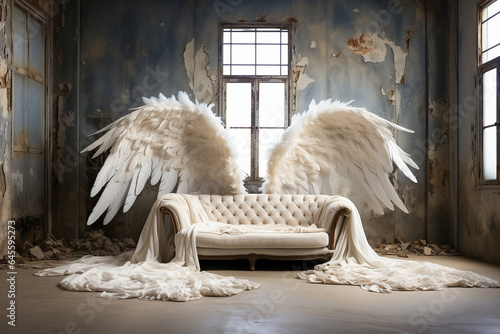 Giant white angel wings in front of a white couch