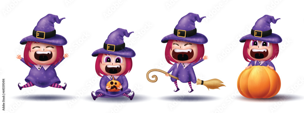 Halloween girl witch characters set vector design. Halloween witch little cute sorcerer wearing costume with flying broom elements isolated in white background. Vector illustration witch cute girl Halloween girl witch characters set vector design. Halloween witch little cute sorcerer wearing costume with flying broom elements isolated in white background. Vector illustration witch cute girl