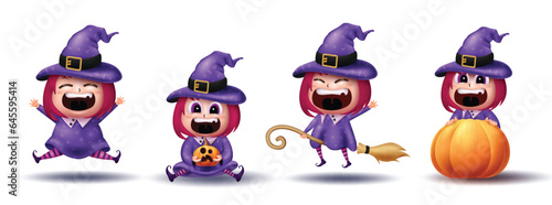 Halloween girl witch characters set vector design. Halloween witch little cute sorcerer wearing costume with flying broom elements isolated in white background. Vector illustration witch cute girl 