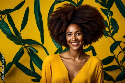 portrait of a beautiful African woman with curly hair wearing yellow dress