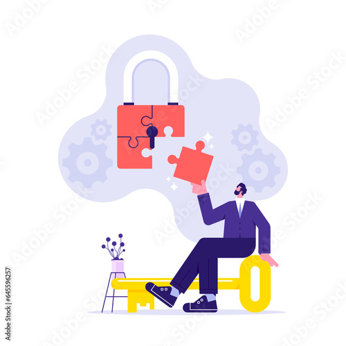 Businessman and security lock puzzle with jigsaw keyword, Antivirus and firewall protection, cyber data security online, software access data as confidential