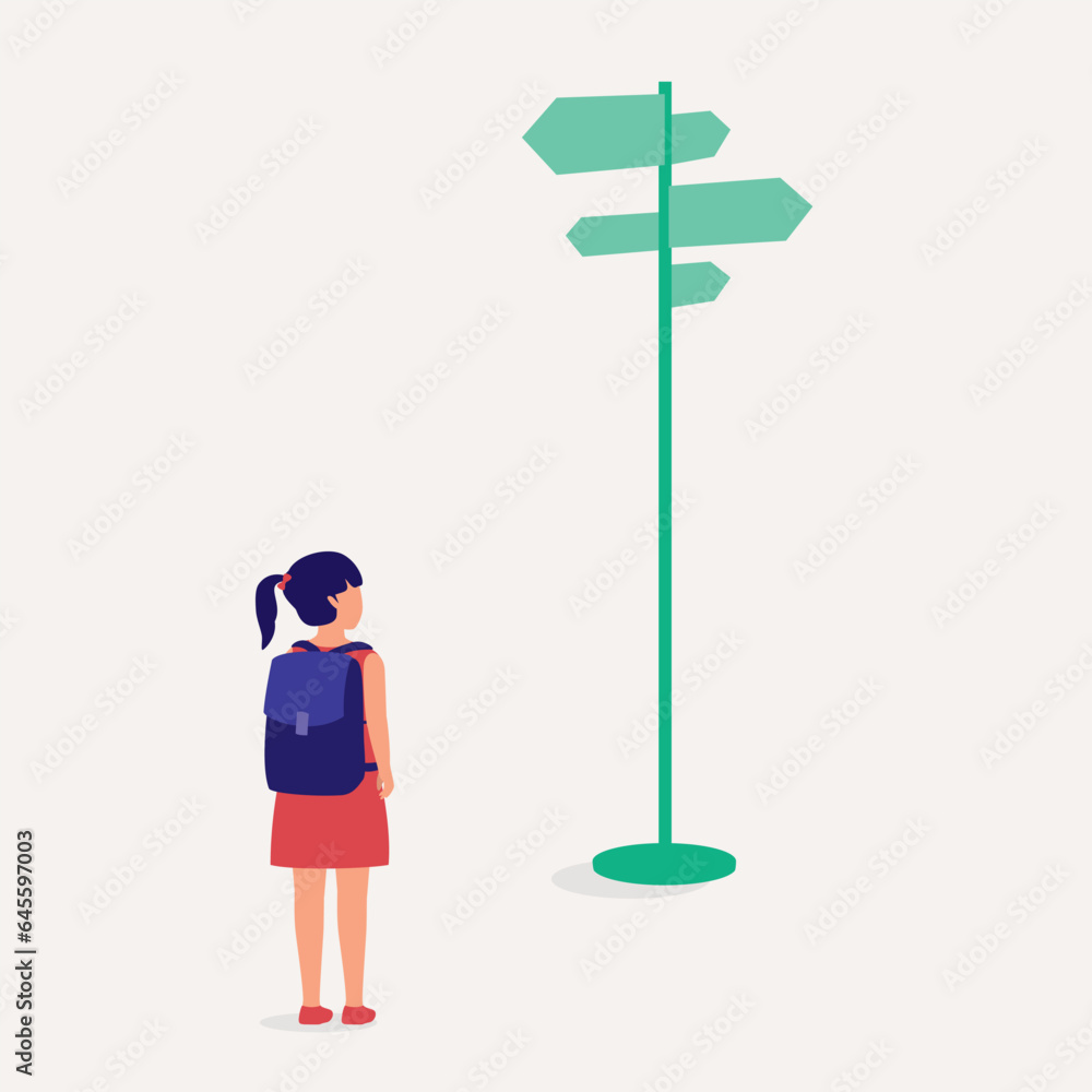 One Little Schoolgirl Standing And Looking At The Road Sign, Undecided Which Direction To Choose. Full Length. Flat Design. One Little Schoolgirl Standing And Looking At The Road Sign, Undecided Which Direction To Choose. Full Length. Flat Design.