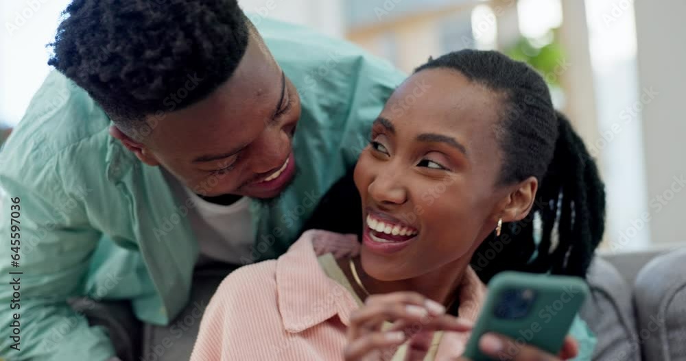 Home, hug and black couple with a cellphone, connection and relationship with love, social media and conversation. African people, man and woman on a couch, smartphone and connection with marriage Home, hug and black couple with a cellphone, connection and relationship with love, social media and conversation. African people, man and woman on a couch, smartphone and connection with marriage