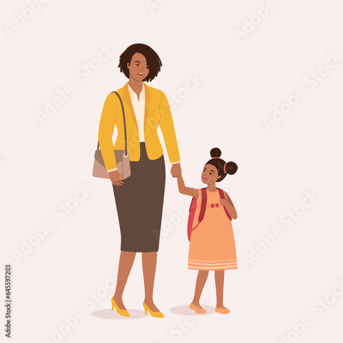 Smiling Working Black Mother Walking Her Daughter To School While Holding Hands Together. Back To School. Full Length.