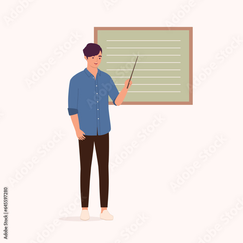 One Smiling Male Teacher With Pointer Stick And Chalkboard Teaching A Class. Full Length.