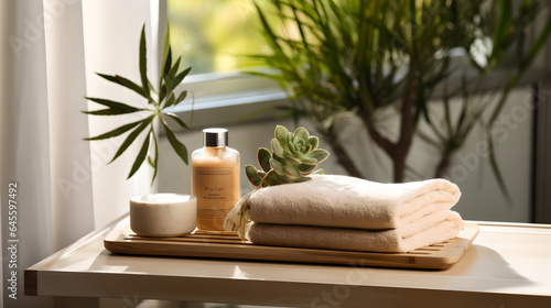 White cotton towels, soap and shampoo bottle with green plant on wood counter table inside a bright bathroom background