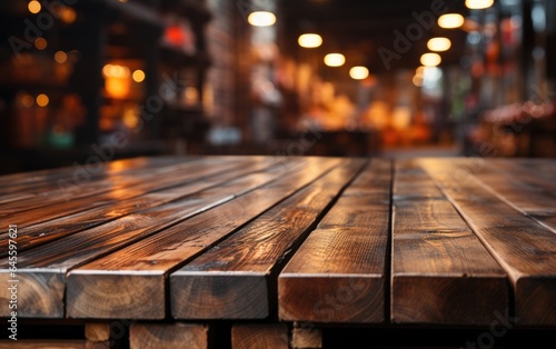 Empty wooden table and bokeh lights blurred outdoor cafe background. High quality photo