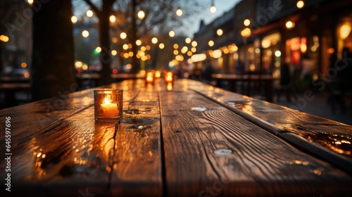 Empty wooden table and bokeh lights blurred outdoor cafe background. High quality photo