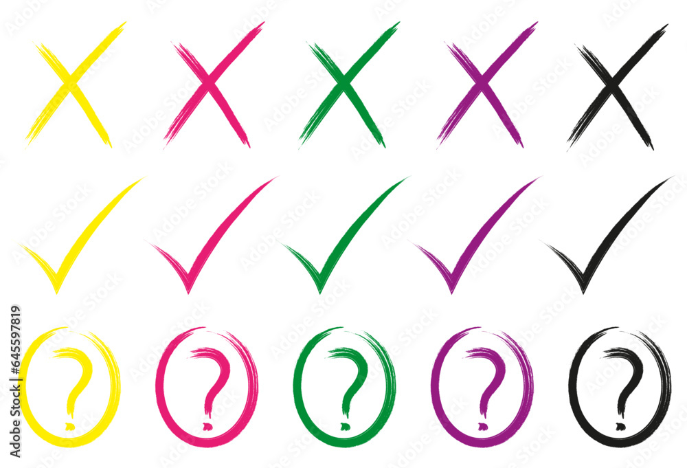 Set of flat check and cross buttons. Round signs and different line thicknesses, green and red. Vector graphics.