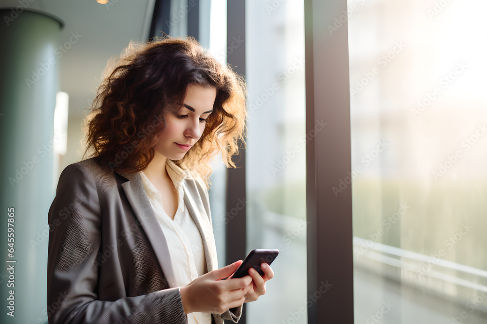 Young business woman in formal attire in office smiling during using smartphone and working Young business woman in formal attire in office smiling during using smartphone and working