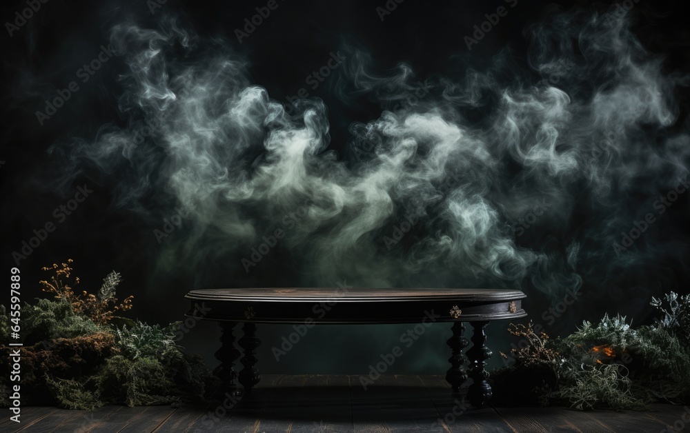 Wooden table and smoke on black background. High quality phot