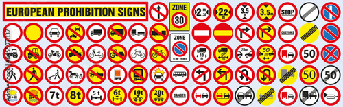 Road signs. Vector European set of prohibited road signs. Set of road signs.