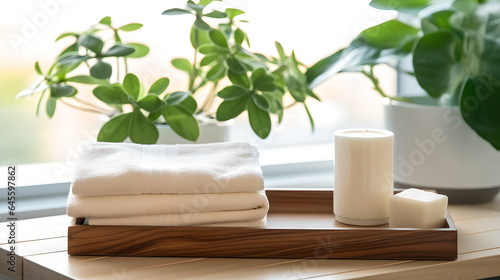 White cotton towels, soap and shampoo bottle with green plant on wood counter table inside a bright bathroom background