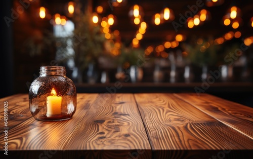 Empty wooden table and Lights on background. Mock up  3D Rendering