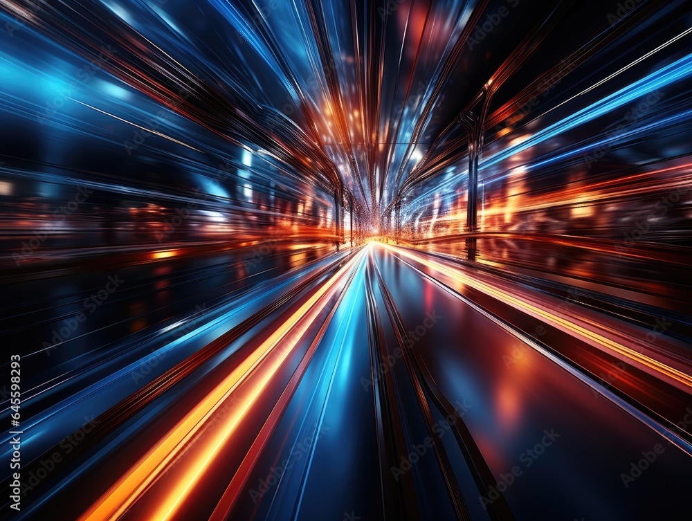 Long exposure of speeding car with light trails and blurred lights