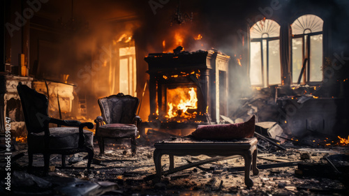 photograph of Aftermath of a house fire. Ruined house interior in building after fire. Burned walls and furniture.generative ai