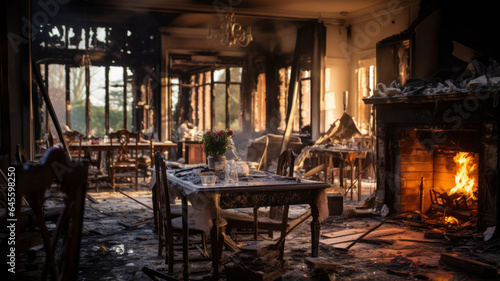 photograph of Aftermath of a house fire. Ruined house interior in building after fire. Burned walls and furniture.generative ai photo