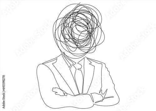 Continuous one line drawing of man head with messy thoughts worried about bad mental health. Problems, stress, headache and grief concept in doodle style. Linear Vector illustration