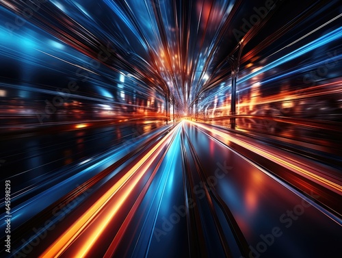 Long exposure of speeding car with light trails and blurred lights