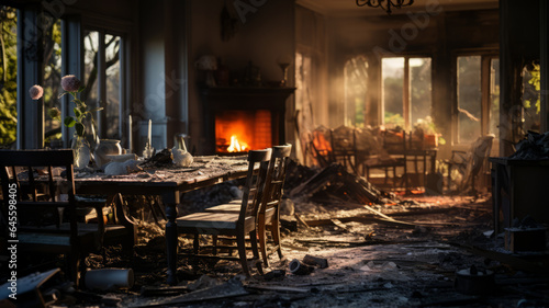photograph of Aftermath of a house fire. Ruined house interior in building after fire. Burned walls and furniture.generative ai photo