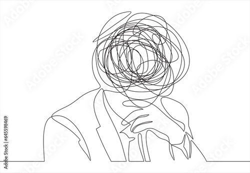 Continuous one line drawing of man head with messy thoughts worried about bad mental health. Problems, stress, headache and grief concept in doodle style. Linear Vector illustration