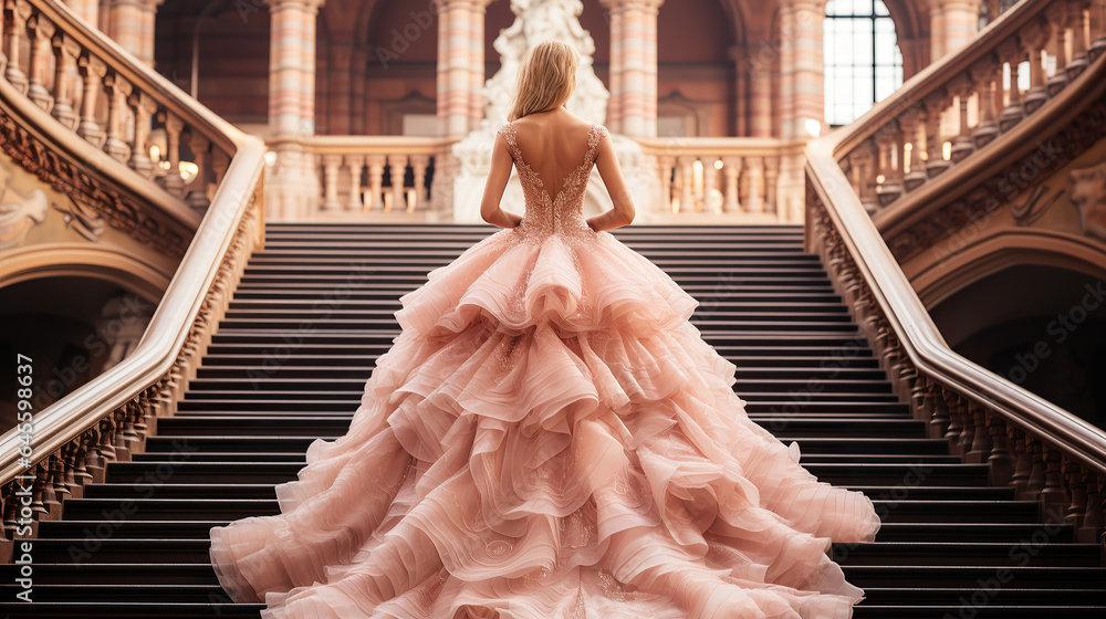 Woman in a Beautiful Dress Walking Gorgeous Classical Palace