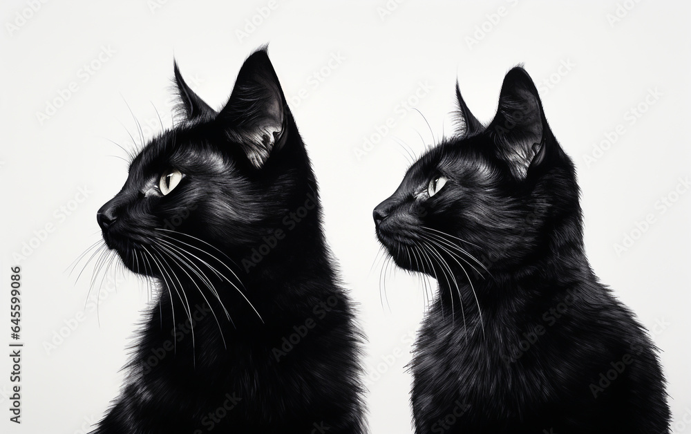 Portrait of two black cats on white background