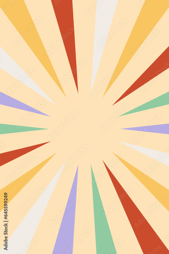 Obraz premium Retro background of sunbeams. Groove poster radial color rays explosion. Vector backdrop.