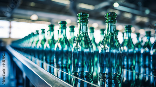 photograph of Line of bottling beverages in plastic bottles on clean light factory.generative ai