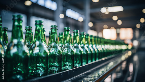 photograph of Line of bottling beverages in plastic bottles on clean light factory.generative ai