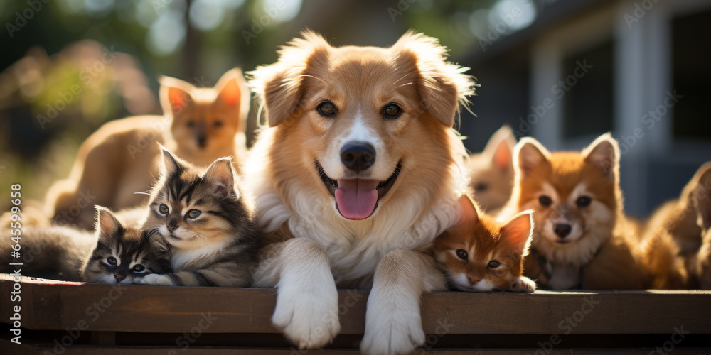 a kitten on a baby golden retriever, happy and charming and warming house. a kitten on a baby golden retriever, happy and charming and warming house.