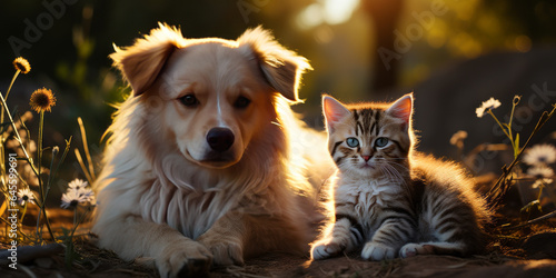 a kitten on a baby golden retriever, happy and charming and warming house.