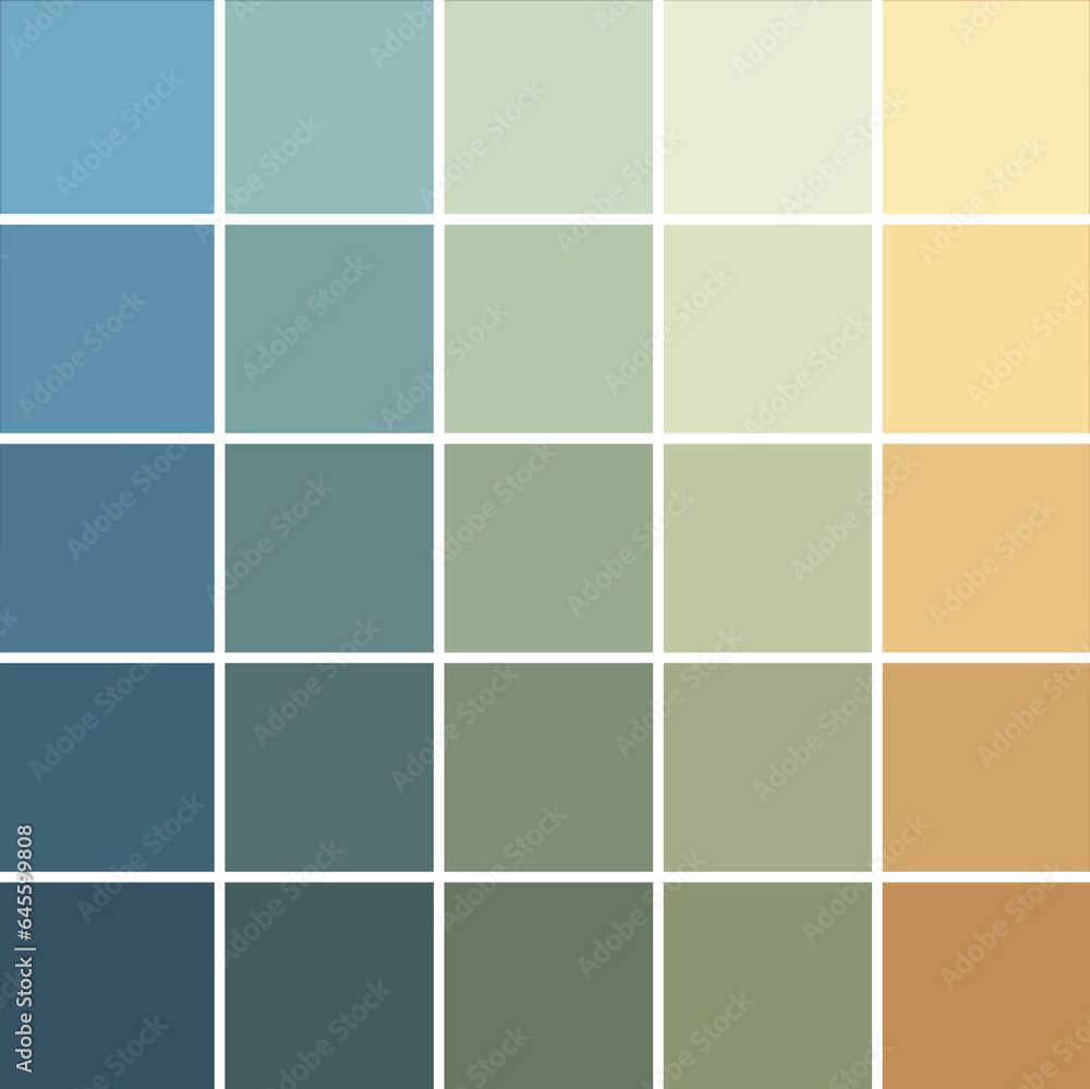 Abstract texture, color combination, pixel effect. Squares in blue green grey orange colors, variety of shades and nuances, muted tones and desaturated vibes. Suitable for backgrounds and printing.