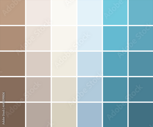 Abstract texture, color combination, pixel effect. Squares in blue beige brown colors, variety of shades and nuances. Gradient light and bright, pastel muted vibes. Suitable for backgrounds, printing.