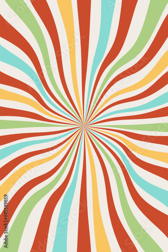 Retro background of sunbeams. Groove poster radial color rays explosion. Vector backdrop.