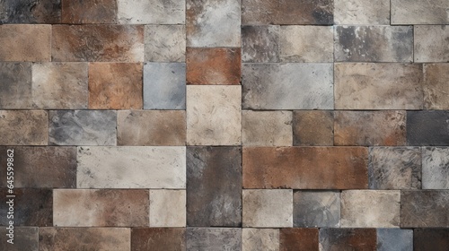 Old brown gray rusty vintage worn geometric shabby mosaic ornate patchwork motif porcelain stoneware tiles stone concrete cement wall texture background square pattern
