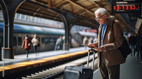 old senior businessman wear suit wating for train while reading news from paper or tablet he is standing on train station paltform daytime transportation concept