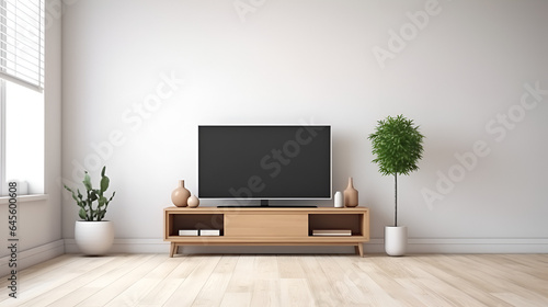 Tv on the cabinet in modern living room on white wall, 3d rendering © Saleem