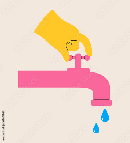 Hand opens or closes a water tap, save water,concept of eco and world water day. Colorful vector illustration