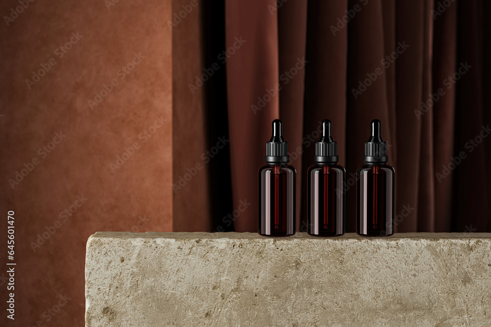 Mockup dropper cosmetic bottle on a stone slab in a backdrop of brown cement and dark curtains. Backdrop for product presentation. 3D illustration Mockup dropper cosmetic bottle on a stone slab in a backdrop of brown cement and dark curtains. Backdrop for product presentation. 3D illustration
