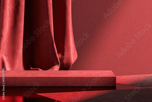 Velvet product display stand with a backdrop of a cement wall and red curtains. Background for product presentations. 3D illustration