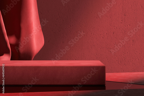 Velvet product display stand with a backdrop of a cement wall and red curtains. Background for product presentations. 3D illustration