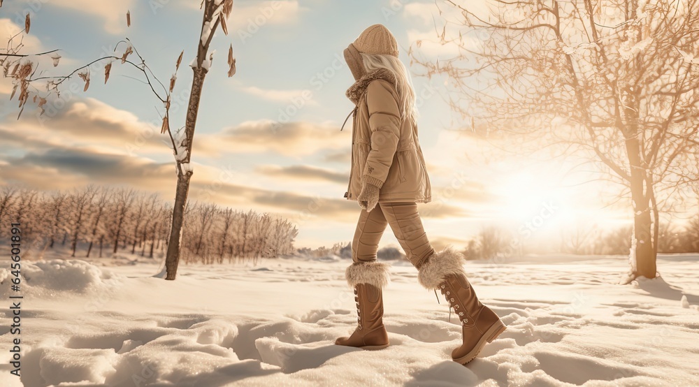 close up woman feet wearing boots walking in winter park with snow flakes covered the road path, Generative Ai close up woman feet wearing boots walking in winter park with snow flakes covered the road path, Generative Ai
