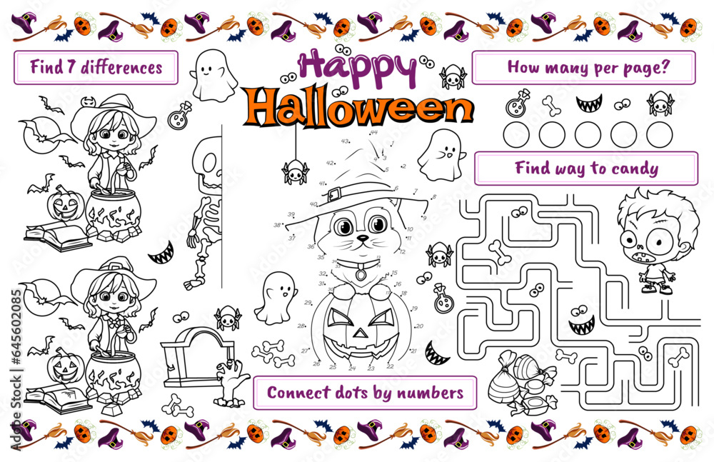 Obraz premium Festive placemat for children. Print out the activity sheet Happy Halloween with a maze, connect the dots, and find the difference and coloring page. 17 x 11 inch printable vector file