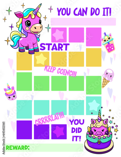 Reward chart for girls. Unicorns and sweets. Table of behavior and work routine for children. Vector illustration