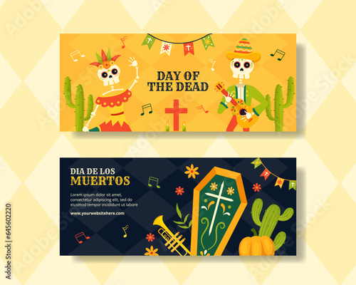 Dia de Los Muertos Horizontal Banner Illustration Flat Cartoon Hand Drawn Templates Background