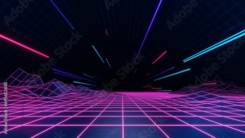 Fototapeta Naklejka Na Ścianę i Meble -  3d abstract technology glowing neon fast speed light background, empty space scene, reflection floor, virtual reality, cyber space futuristic sci-fi background, motion line high speed for mock up.