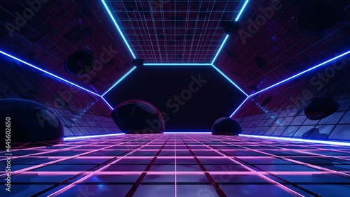 3d abstract technology glowing neon fast speed light background  empty space scene  reflection floor  virtual reality  cyber space futuristic sci-fi background  motion line high speed for mock up.