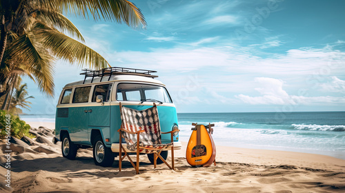 van with deck chair and beach accessory on tropical beach, van life. summer travel.