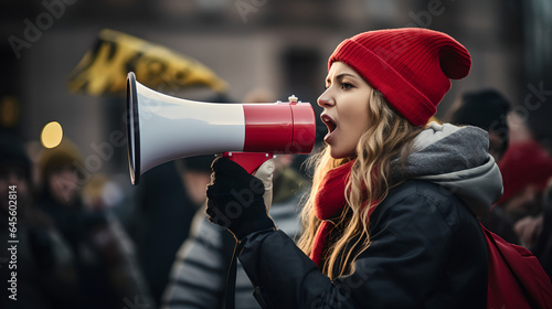 Female activist protesting using megaphone and giving a speech. Young woman leading a demonstration  social justice and human rights with gen z crowd for equality